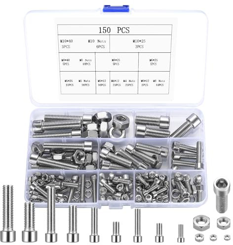 Socket Head Cap Screws, 150 Hex Socket Head Cap Screws with Hex Nuts, Machine Screw Assortment Kit, Metric Thread Screw - M4/M5/M6/M8/M10