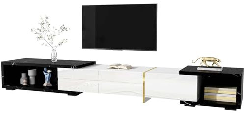 YEHTOKHOME Meuble TV Moderne à Longueur Variable (140-260 cm), Multifonctionnel Armoire avec Espace de Rangement et Fonction pivotante,pour Le Salon (Blanc marbre)