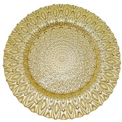 Gold Glass Charger Plate with Luxury Peacock Design – 33cm Round Underplate for Weddings, Decorations, Parties, Special Events, Anniversaries, Birthdays, Catering, and Tableware - 1 Pc