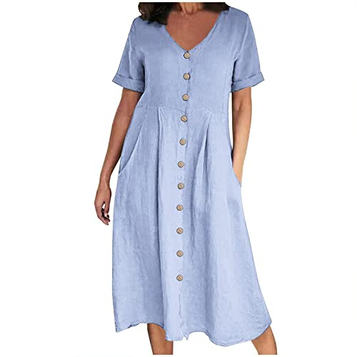 HAOLEI Robe Longue Femme Chic Et Elegant Robe Coton Lin à Manches Courtes Robes Couleur Unie BohèMe Mi-Longue Dress Grande Taille RéTro Boutonnée Robes pour FêTer Vacances Cocktail Party SoiréE