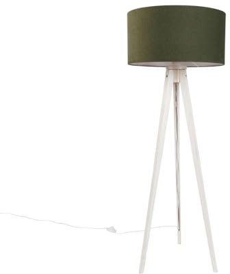 Qazqa rústico Vloerlamp tripod wit met stoffen kap donkergroen 50cm - Tripod Classic Madera/Textil Redonda Adecuado para LED Max. 1 x 60 Watt