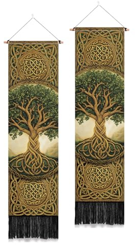PLIGREAT 2 Packung Vertikaler Wandteppich Mit Lebensbaum Und Keltischem Knoten Ästhetischer Wandbehang Für Schlafzimmer Wohnzimmer Heimdekoration Langer Schmaler Kunst Wandteppich Mit Quasten