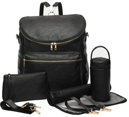 Baby Wickeltasche Rucksack - Wickelunterlage, Licht Wickelrucksack Lässig Wasserdicht Wickeltasche Multifunktional Große Kapazität Wickeltasche Rucksack Babytasche Große PU-Leder(Black)