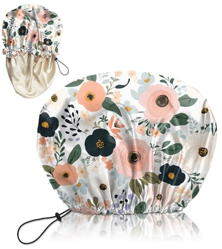 Deokke Duschhaube, mit Seidenfutter, doppelschichtigem Material, wasserdicht, wiederverwendbar, elastisch, verstellbar, niedlichem Design für Damen (G1-Blume)