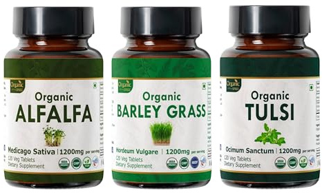 ORGANIC SPREE Alfalfa, Barley Grass & Tulsi Supplement – 120 Tablets Each – USDA Organic Medicago Sativa, Hordeum Vulgare & Holy Basil*