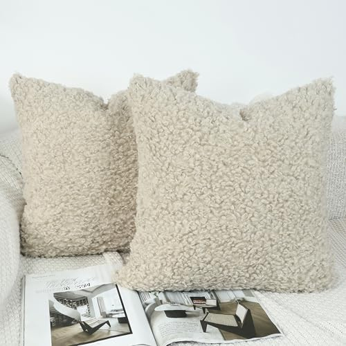 OYIMUA Weich Flauschig Deko Kissenbezug 40x40 Beige 2er Set | Bouclé Sherpa Sofakissen,Dekokissen Couchkissen Plüsch Kissen,Wohnzimmer Schlafzimmer Deko Kissenhülle