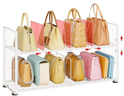 koozuuyk Purse Organizer for Closet-2 Tier Handbag Wire Organizer Rack with 6 Adjustable Shelf Dividers,Handbag Storage Holder for Purses,Totes,Clutches&Chain Bags