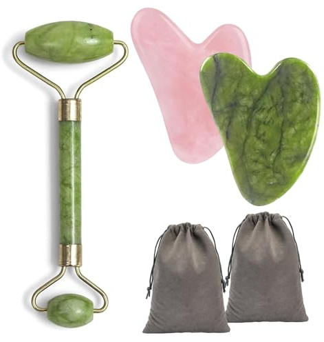 5 Stück Gua Sha Stein, Gesichtsstein und Gesichtsmassage Stein, 2 Gua Sha und 2 Samtbeutel mit Gesichtsroller, für Anti-Aging, Lymphdrainage und Entspannung, ideal für Gesichtspflege und Geschenk