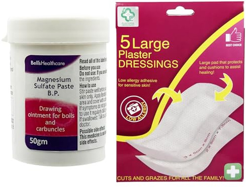 Bells Magnesium Sulphate Paste 50g with 5X Sterile Wound Dressings, Drawing Ointment Soothing & Fast-Acting – Bundled by Smart Cutie