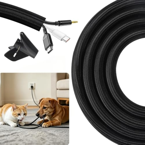 NETFLO 19mm-5m Selbstschließender Kabelschlauch Schwarz | Flexibler gewebter Kabelmantel mit Kabelschutz für TV, Computer, Heimkino, Auto–zuschneidbar, bissfest für Hunde & Katzen