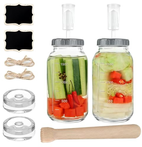 PEEXTBB Lot de 2 bocaux de Fermentation de 2 L, 64 oz Bocaux de Fermentation avec SAS et Couvercle, bocaux en Verre avec couvercles hermétiques Amovibles avec Pilon en Bois, pour Choucroute