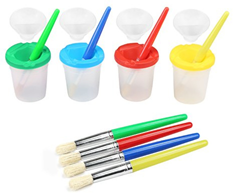 BELLESTYLE 4 Colores Botes de Pintura a Prueba de Derrames con Tapas y 4 Piezas Colores Surtidos Pinceles de Pintura para Niños