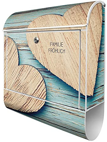 banjado Design Briefkasten personalisiert Motiv Holz Herzen 38,5x46,5x13cm & 2 Schlüssel - Briefkasten Stahl Weiß Zeitungsfach pulverbeschichtet - Postkasten A4 Einwurf inkl. Montagematerial
