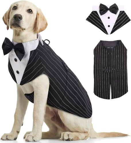 Kuoser Hund Smoking Anzug Bandana Set, Haustier Fomal Kleidung,Gestreift XL | Hunde Mantel mit Abnehmbarer Fliege, Hundeanzug Welpe Kostüm Shirt für Hochzeit Halloween Geburtstag Party，leicht & bequem