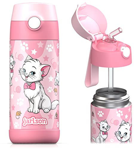 Jarlson - Gourde Enfant INOX - bouteille isotherme enfant 350 ml - Gourdes sans BPA - avec de la paille - pour l'école, les sports et la maternelle (Chat 2, 350 ml)
