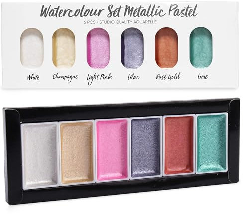 Panduro Watercolour Set Pastel Metallic Set of 6 Shimmering Aquarelle Colors, Palette for Painting, Calligraphy, Brush Lettering, for Children, Adults