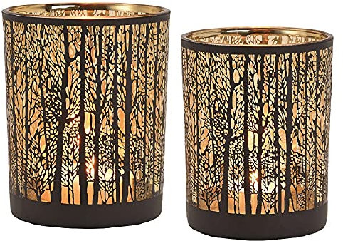 Windlichter Set 2-teilig – Teelichthalter aus Glas mit Waldmotiv – stimmungsvolle Deko für Herbst, Advent & Weihnachten – 10×12 cm & 9×10 cm (Herbstwald schwarz & Gold 2er Set)