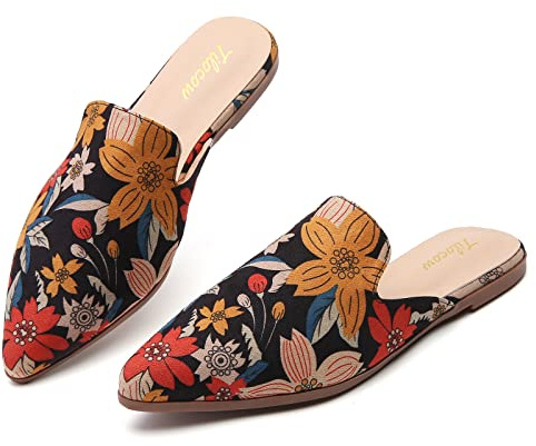 Tilocow Women's Pointed Toe Flat Mules Backless Slip On Loafers