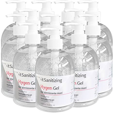 Hygen Gel Mani Disinfettante Igienizzante 6 Litri Antibatterico Sanificante Alcool 75% Elimina Virus Naturale con Aloe Vera e Timo Senza Risciacquo Profumato al Limone - 12 Flaconi da 500 ml