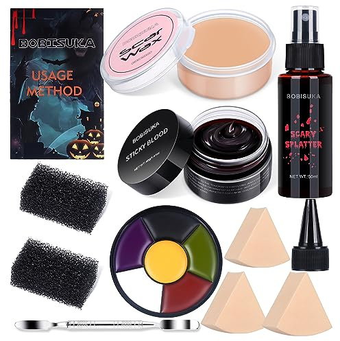 BOBISUKA Demonic Special Effects SFX Halloween Makeup Kit - 5 Colors Bruise Makeup Face Body Painting Palette + Scar Wax with Spatula Tool + Fake Blood Splatter Spray + Fake Blood Cream +Stipple Spong