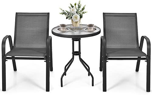GIANTEX Set di 2 Sedie da Giardino con Tavolo in Vetro, Schienale Alto e Seduta Larga, Telaio in Acciaio Verniciato a Polvere, Tessuto Textilene Traspirante, per Balcone e Esterno (Nero)