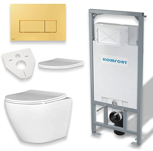 KOLMAN WC Set: Vorwandelement C201 + Wand-WC Desna Weiß + Drückerplatte Gold M575 + Slim Duroplast WC-Sitz mit Soft-close + Schallschutzmatte