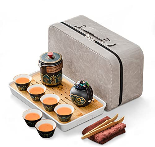fanquare Chinesisches Porzellan Teekanne mit Sieb, Kungfu Keramik Teeservice mit Reisetasche,Teedose und Teebrett,Tee Set mit Blumenmuster für Erwachsene, Schwarz