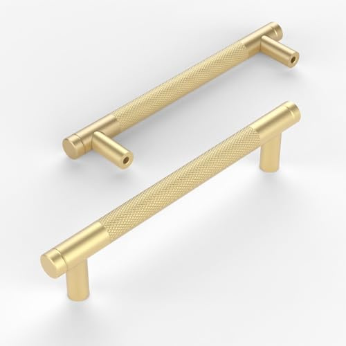 Amerdeco 10 Stück Gold Gerändelte Schrankgriffe 128mm Lochabstand, Aluminium Griffe für Küchenschränke & Möbelgriffe für Schubladen