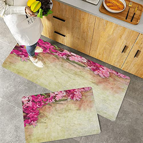 2 Piece Non-Slip Kitchen Mat,Floral Vintage Illustration of Oleander Flowers Distressed Retro Background , Yellow Green,Rubber Backing Doormat Kitchen Floor Mat Runner Rug Set 40x60 cm+40x120 cm