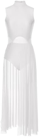 Oyolan Damen Glitzer Tanzkleid Eiskunstlauf-Kleid Ärmellos Lyrisches Ballettkleid Leotard Trikotbody mit Asymmetrischer Rock Tanz Kostüm Weiß M