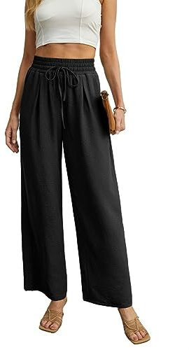 QIXING Weite Hosen Damen High Waist Palazzo Hose Gerade mit Taschen Yoga Stoffhose Damen Elegant Sommer Damenhose mit Gummizug