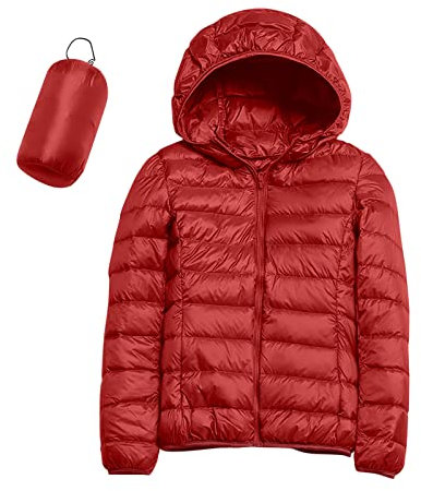 Women's Warm Waterproof Lightweight Jacket with Hood Windproof Winter Coat with Recycled Insulation Winter Slim Short with Hood Warm White Duck Down Coat Waterproofing Spray Ski Clothing, red, XL