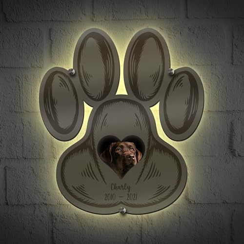 Hundepfote Gedenktafel Tiergrabstein Erinnerung mit Bild - Holz Schild mit Hunde Namen personalisiert - Trauergeschenk Hundebesitzer I Optional mit Beleuchtung