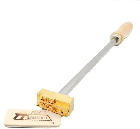 extern beheizter Brandstempel mit deinem Schriftzug im Motiv Säge für Holz, Leder, Pappe - personalisiertes Brandeisen, individueller Brennstempel in 40 x 16 mm