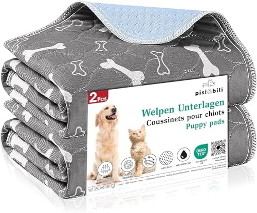 Pisi Bili 2 er Wiederverwendbare Welpenunterlagen Matte für Hunde Katzen Meerschweinchen Trainings Pads Waschbare und wasserdichte Decke Haustier Urinunterlage (60x90 2 er)