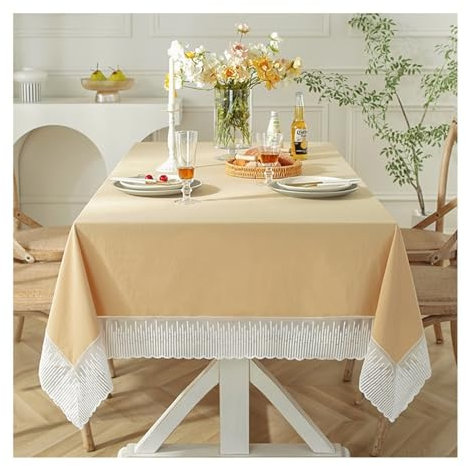 Epinki Tischtücher 150x150CM, Tischwäsche Einfarbig mit Spitze Polyester, Tischdecke Abwaschbar Vintage Dauerhaft Kratzfest für Küche, Esstisch, Couchtisch, Parteien, Abendessen, Gelb