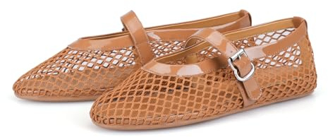 Adrizzlein Ballerine in rete da donna ballerine a rete con cinturino con fibbia in rete, ampia larghezza, casual, estive, scarpe basse, Marrone, 37.5 EU
