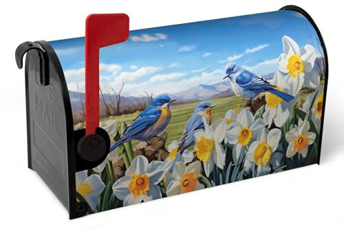 Dacawin Coperture magnetiche per cassette postali estive oversize estive Bluebirds narciso copertura per lettere floreale uccello cassetta postale avvolge blu cielo cassetta della posta decorazione