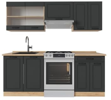 Vicco Küchenzeile R-Line, Anthrazit Landhaus/Goldkraft Eiche, 200 cm | 5 Module · Höhenverstellbare Füße · Ohne Arbeitsplatte · MDF-Fronten · Mit Glasschrank · Frei kombinierbar