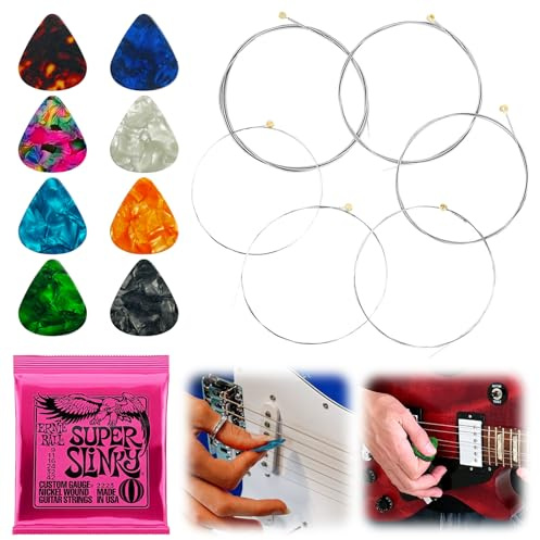 QINGHEC Plectrum Electric Guitar Strings Set, 6 Pcs Super Slinky 9-42, Nickel Wound, Carbon Steel, Electric Guitar, Medium Gauge, with 8 Pcs Guitar Pick Plectrums