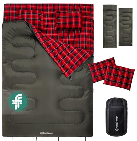 KingCamp Doppelschlafsack Baumwolle Flanell Schlafsack 2 Personen | Warmer Deckenschlafsack 3-4 Jahreszeiten mit 2 Kissen für Kinder & Erwachsenen Camping Reisen und Aktivitäten Outdoor