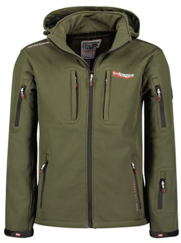 Geographical Norway Tunarama Men - Giacca softshell con cappuccio da uomo impermeabile, giacca da esterno, antivento, tattica, resistente, escursionismo, sci, autunno, inverno, primavera (Kaki S