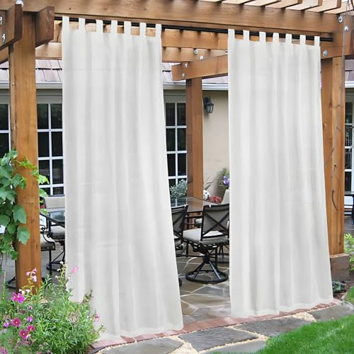 CANYUE Outdoor Gardinen 132 * 241CM, 2 Stücke Wetterfest Halbtransparent Outdoor Vorhang Wasserdicht Terrasse Vorhänge Mit Klettverschluss Leinenoptik Outdoorvorhänge (White)