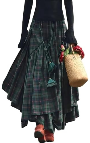 Vintage Asymmetrical Tiered Maxi Skirt, Double-Sided Plaid Pattern, A-Line Silhouette (US, Alpha, XX-Large, Regular, Regular, Green)