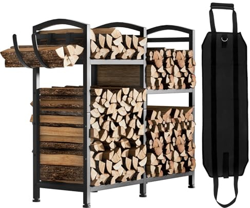 Yorbay Kaminholzregal aus Metall mit Schichtdesign Innen: Brennholzregal mit Haken und Kaminholztasche - Schwarz Stabil Feuerholz Aufbewahrung Outdoor - Holzregal für Kamin & Keller