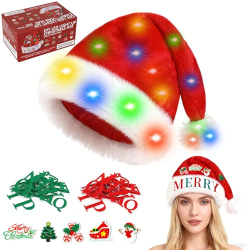 Beipegin DIY Weihnachtsmütze Erwachsene LED,Plüsche Nikolausmütze mit Licht Mit Buchstaben-Patches A-Z Personalisieren Weihnachtsmann Mütze - Batterie Nicht Inbegriffen