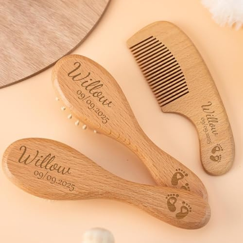 Personalisiertes Babygeschenk Haarbürsten- Und Kamm-Set Für Neugeborene, Bürste Gegen Milchschorf, Individuell Graviertes Pflege-Set Aus Holz Für Mädchen, Jungen Und Neugeborene