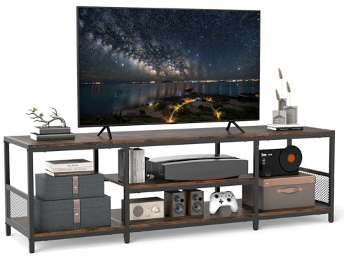KOMFOTTEU Mueble para TV de hasta 65, Mueble Bajo con 5 Estantes Abiertos, Mesa Consola con Marco Metálico, Soporte de TV con Patas Ajustables, para Sala de Estar, Dormitorio, 150 x 40 x 45 cm