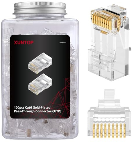 XUNTOP 100 Conectores Cat6 RJ45 (Pass Through) Chapados en Oro con Tarro de Almacenaje Reutilizable Juego de Conector Rj45 Ethernet para Cable Ethernet UTP Sólido/Trenzado de 23-24 AWG
