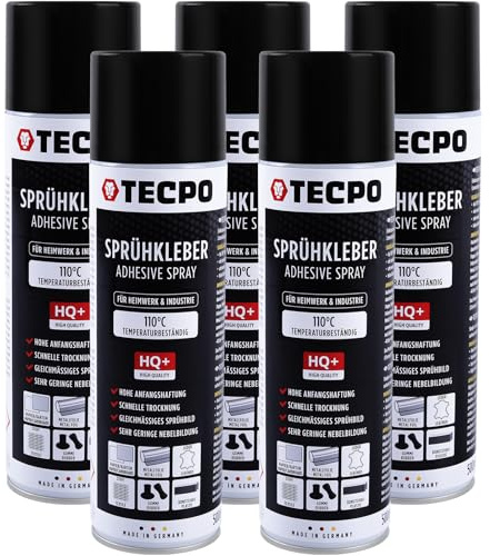 TECPO 1K Sprühkleber 5x 500ml Spray Kleber für Schaumstoff, Wolkenhimmel und Akustikpaneele Klebespray transparent bis 110°C Hitzebeständig